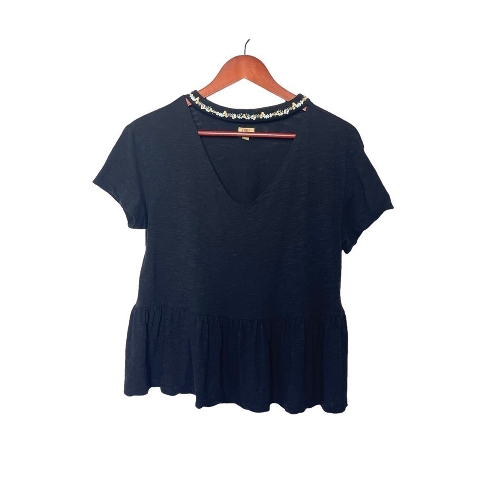 Black‎ Peplum T Shirt Embroidered Collar V Neck Short Sleeve